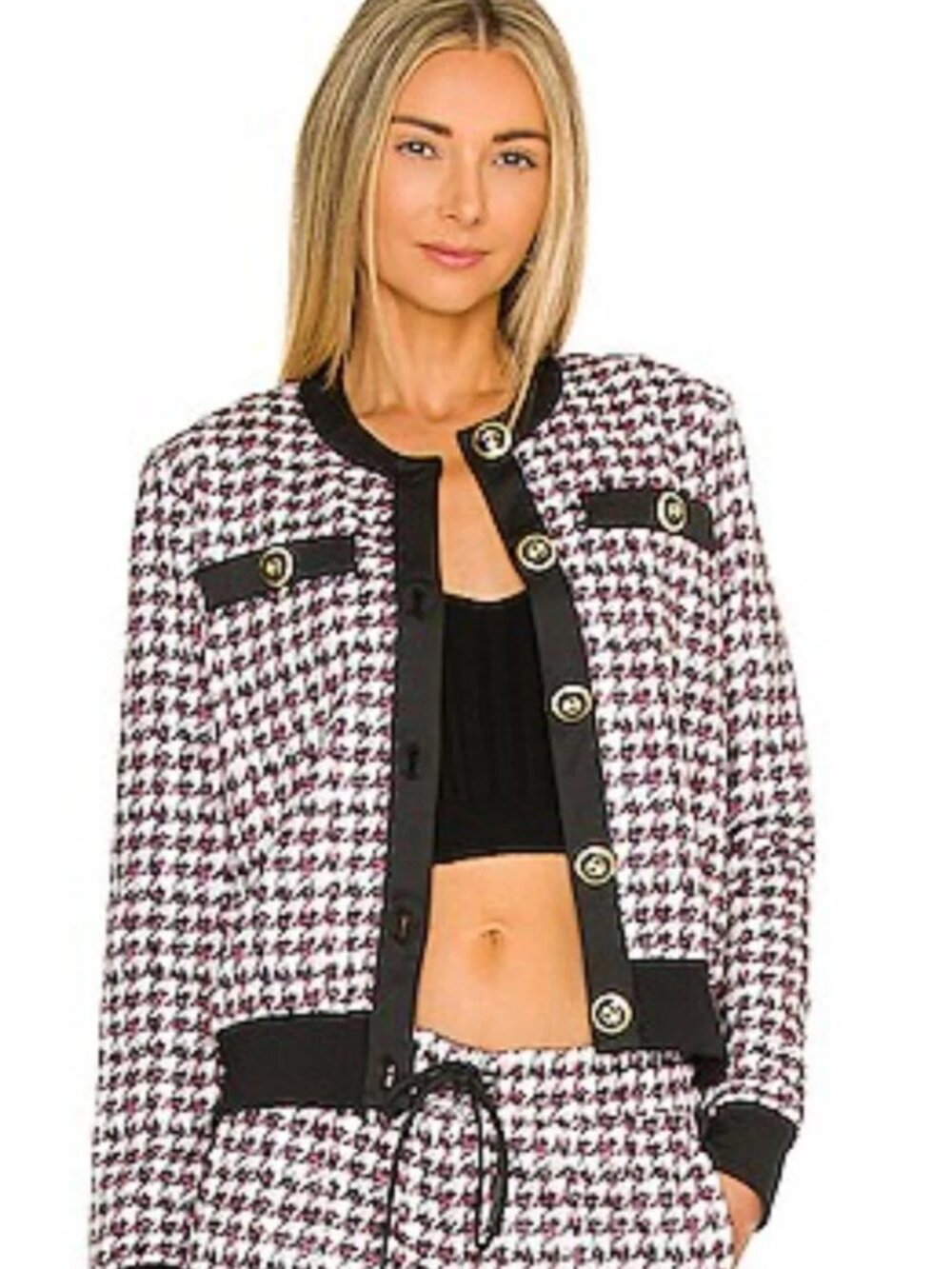 Pam and Gela Pink and Tweed Print Crop Buttoned Jacket Size S